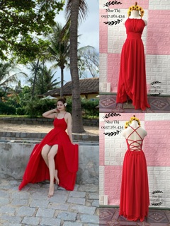 (miễn phí chỉnh váy) đầm maxi cổ yếm hở lưng váy xẻ tà đi biển du lịch chụp ảnh sống ảo