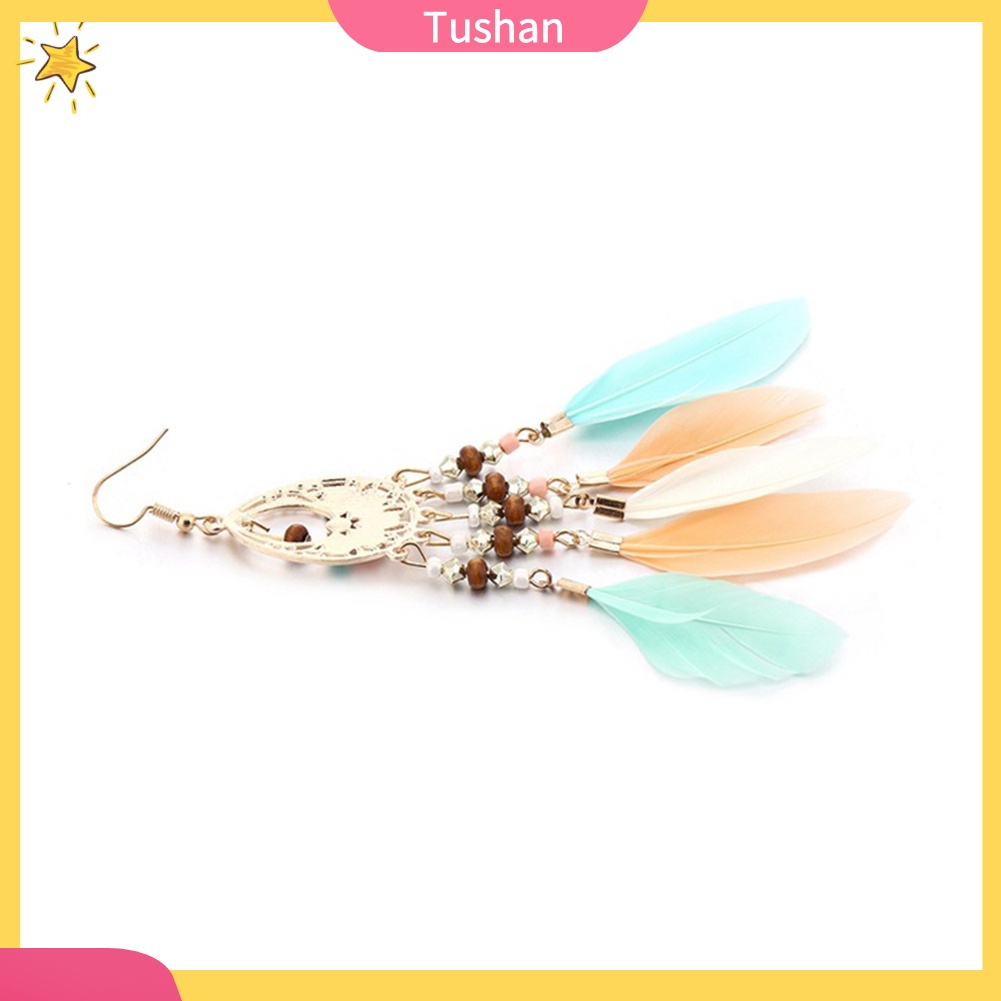 Đôi khuyên tai kiểu lưới giấc mơ phối hạt và lông vũ thời trang cho nữ