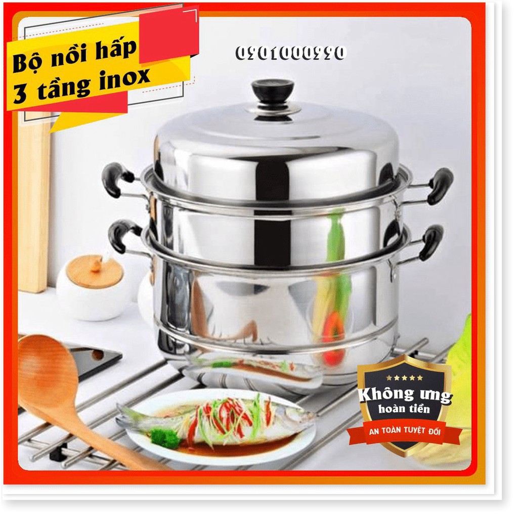 ⚡RẺ VÔ ĐỊCH⚡Nồi hấp 3 tầng inox cỡ lớn size 28cm, hấp bánh bao, xôi...sử dụng bếp từ