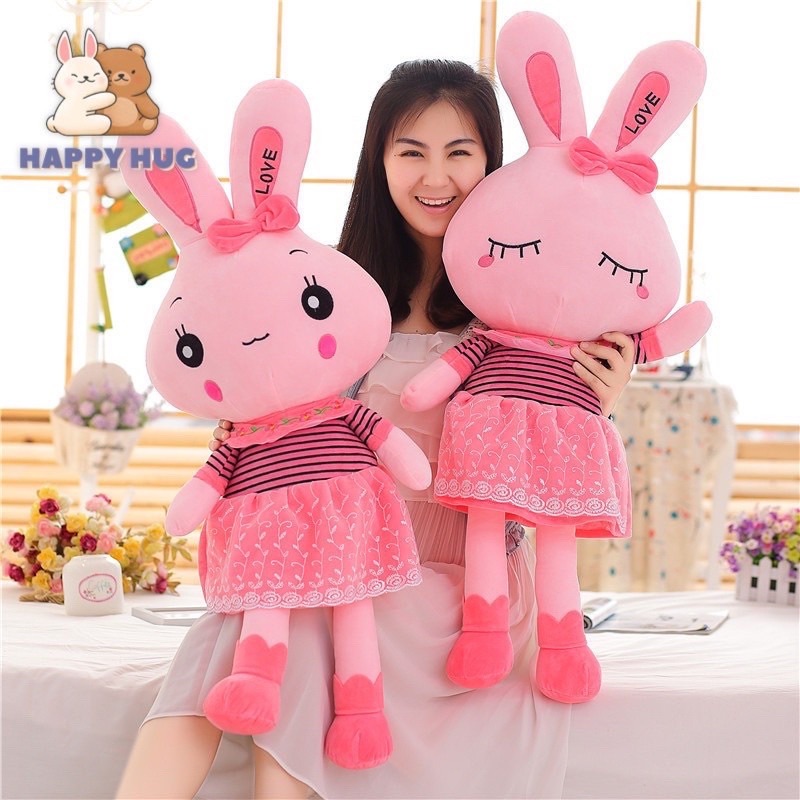 Gấu bông thỏ đầm Hồng mở mắt