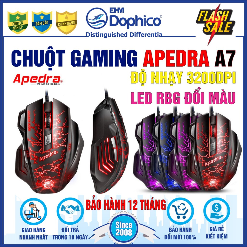Chuột Gaming Apedra A7 – Chính hãng – Led đổi màu – Độ nhạy 3200 DPI – Bảo hành 12 tháng
