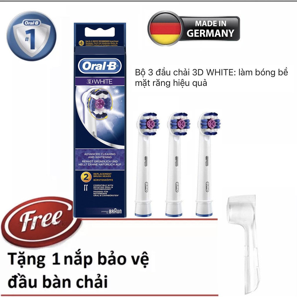 Đầu bàn chải oralb - Bộ 3 đầu Oral-B 3D White (made in germany) + Tặng kèm 1 nắp bảo vệ đầu bàn chải