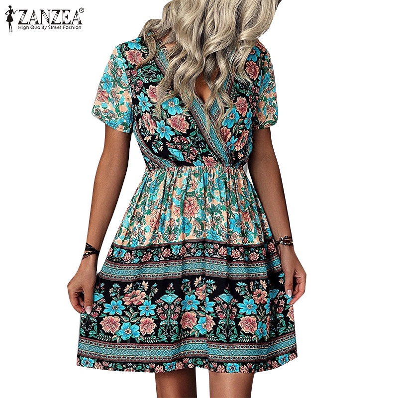 Đầm nữ Zanzea ngắn tay cổ chữ v form rộng thời trang