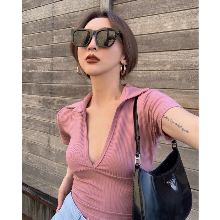 QKOOLE Áo thun lửng  tay ngắn cổ bẻ chữ V thời trang cho nữ
