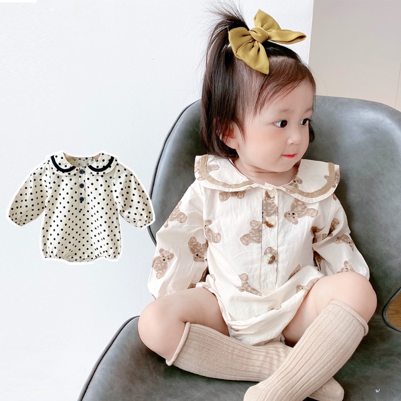 Áo Liền Quần Tay Dài Họa Tiết Chấm Bi / Gấu Nhỏ Phong Cách Mới 2023 Cho Bé Sơ Sinh