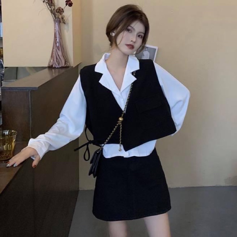 Set áo sơ mi trơn/da beo tay dài oversize kèm áo vest gile mặc ngoài croptop - Order taobao quảng châu