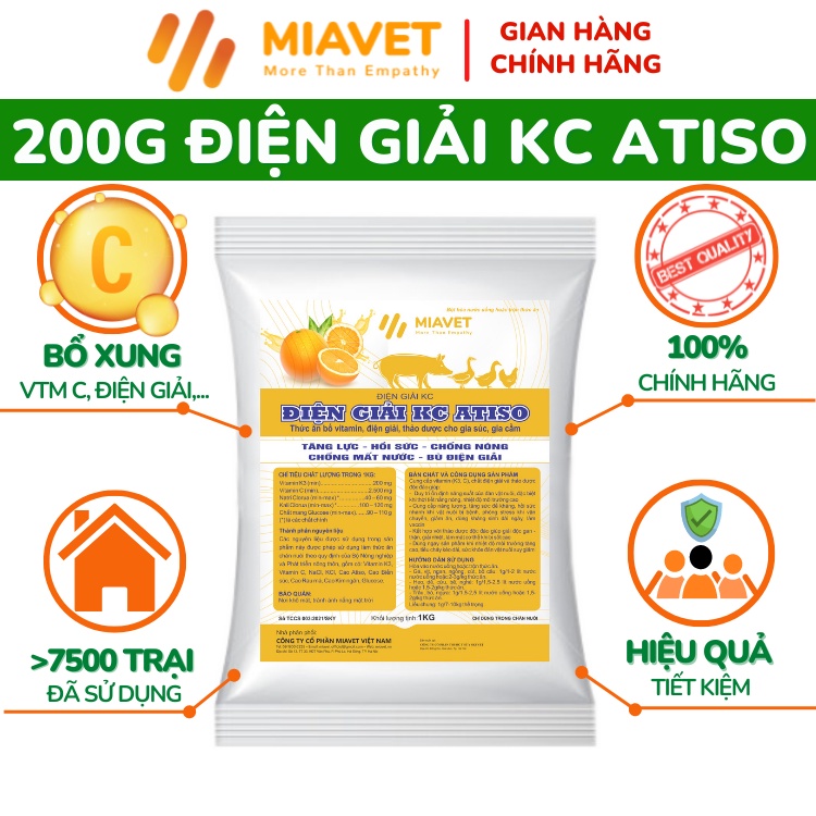 Điện Giải K-C Atiso 200g, Chống Nóng Vật Nuôi, Giảm Stress, Hồi Sức, Bù Điện Giải Cho Heo, Gà, Vịt, Ngan, Trâu, Bò, Dê