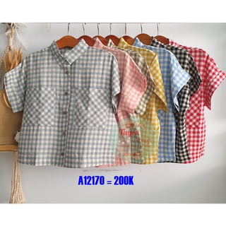 Áo sơ mi caro croptop tay liền