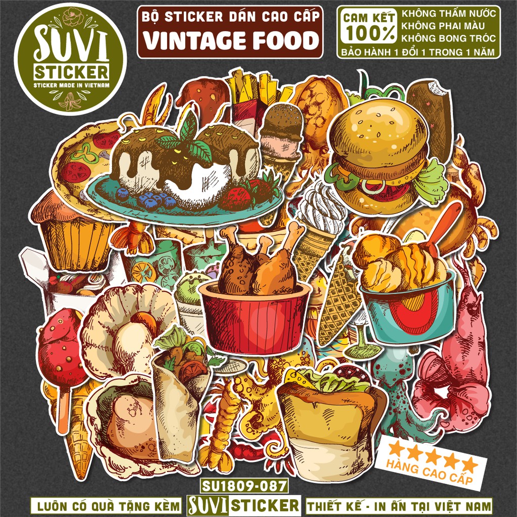 Sticker Retro Food chống nước dán nón bảo hiểm, xe, laptop, điện thoại, vali. MSP: V11