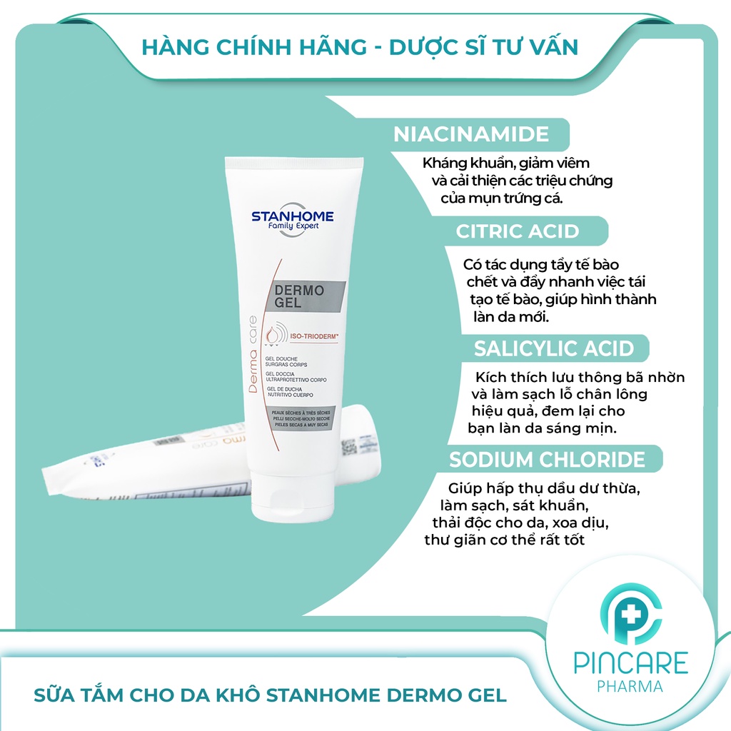 Sữa tắm không xà phòng Stanhome Dermo Gel 250ml cho da khô, mẩn đỏ - Hàng chính hãng - Nhà thuốc PinCare