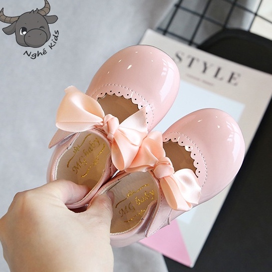 [P1]Giày búp bê kèm nơ xinh cho bé gái - Giày công chúa da PU bóng màu Đen Đỏ Hồng