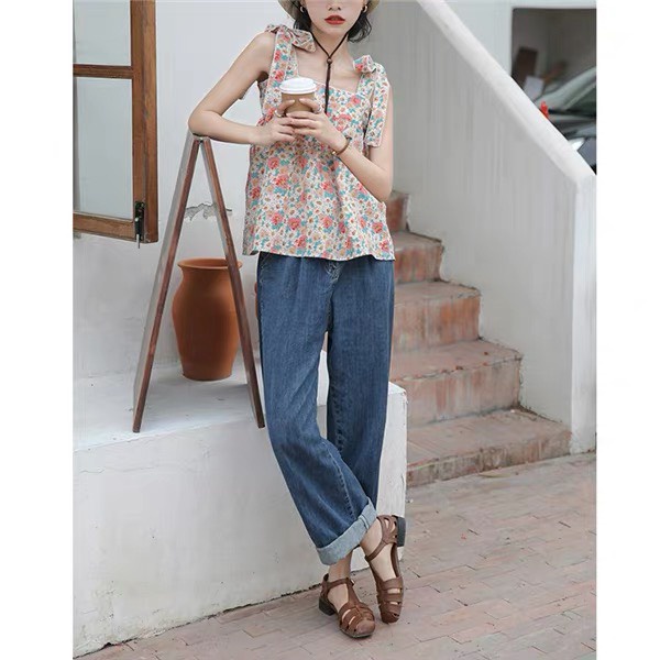 Áo babydoll tiểu thư A8293 Kiểu áo họa tiết hoa cách điệu tay thành dây buộc cực sang chảnh