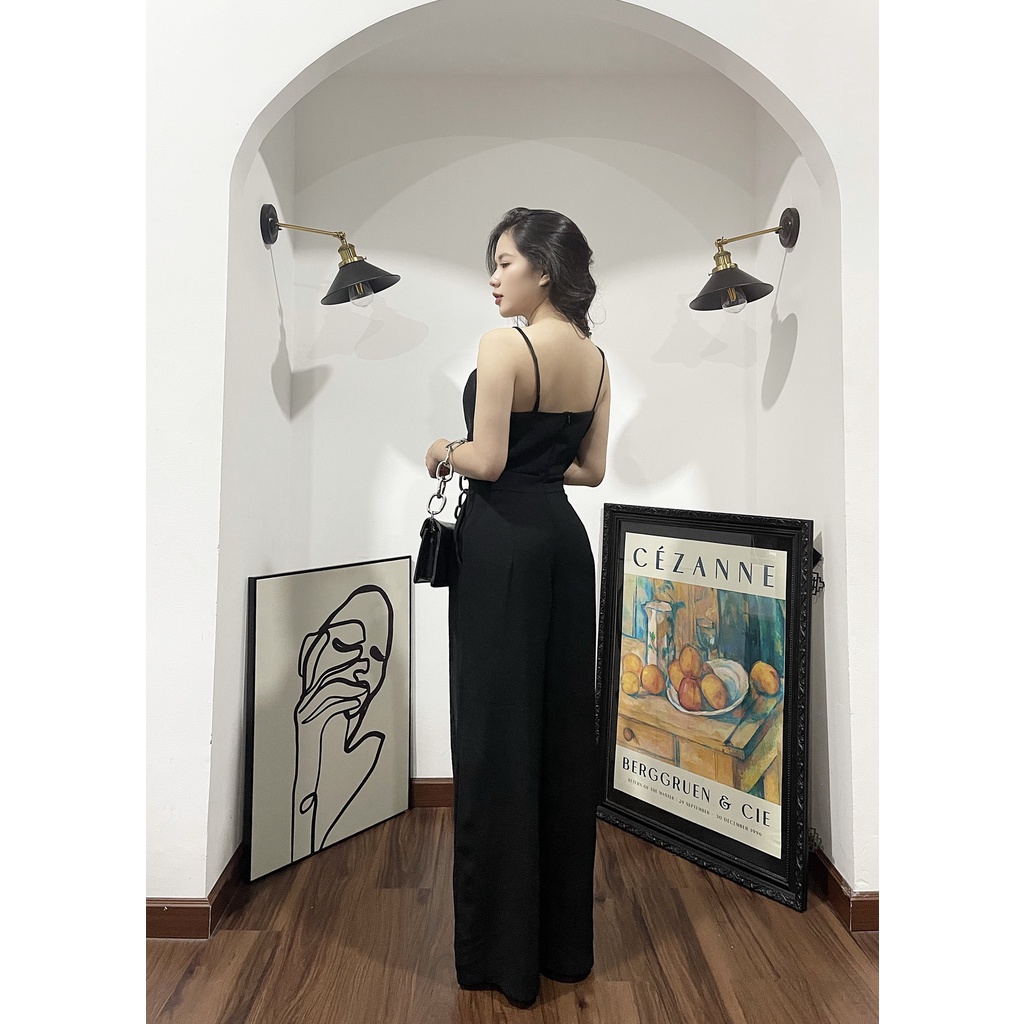 Bộ Jumpsuit quần suông áo yếm liền quần, Sét áo liền quần nữ dài vải linen mềm mát không nhăn hàng sẵn màu đen