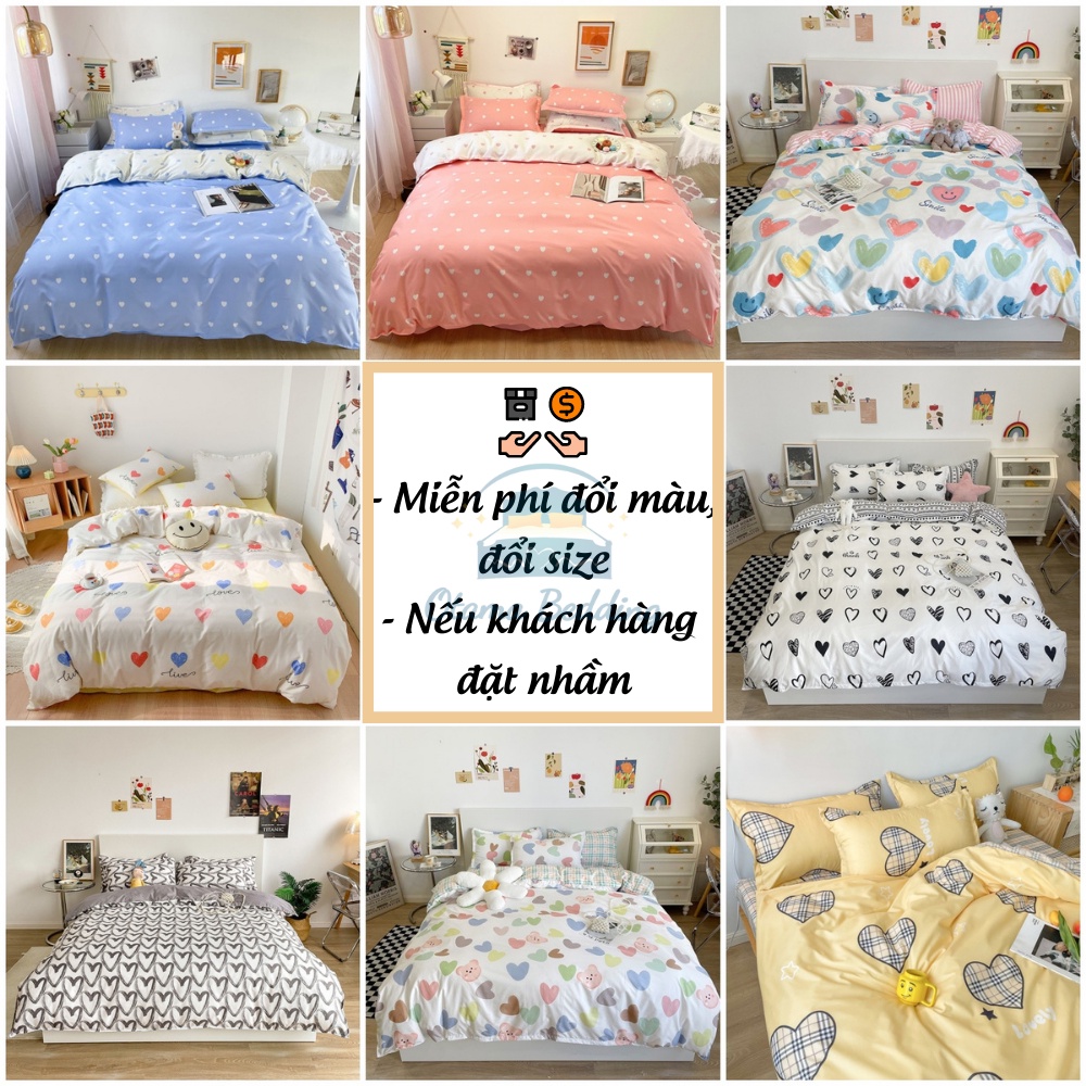 Bộ chăn ga gối 4 món kèm vỏ gối cotton poly trái tim vintage , Bộ ga gối drap giường bo chun hoặc phủ