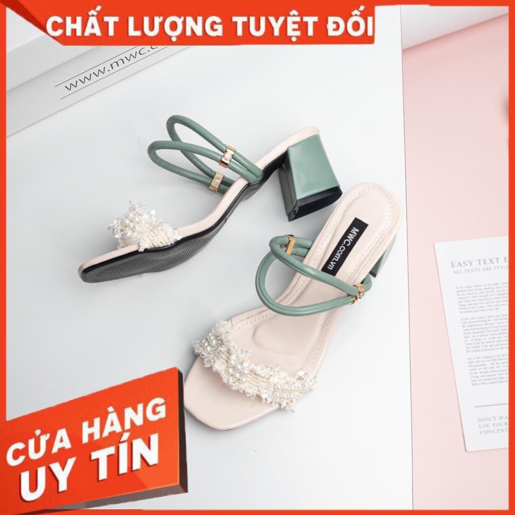 🌈FREESHIP🌈 Giày cao gót nữ quai ngang phối ren đế vuông MWC NUCG-3917