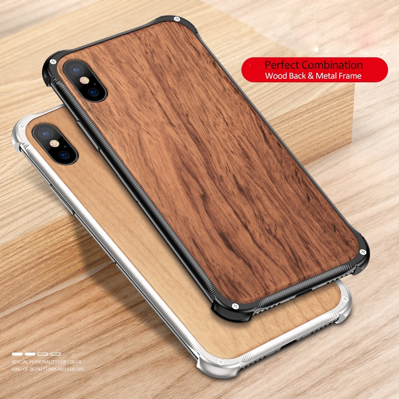 Ốp điện thoại gỗ viền khung kim loại thời trang cho iPhone 7 8 Plus iPhone XS MAX XR