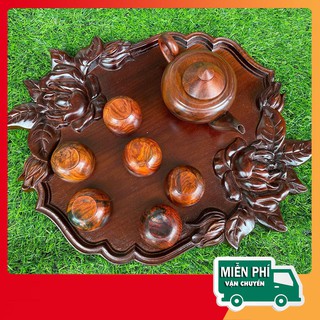Khay trà hình hoa hồng vuông kích thước 35 x 35cm - gỗ gụ + Bộ ấm chén trà - gỗ trắc