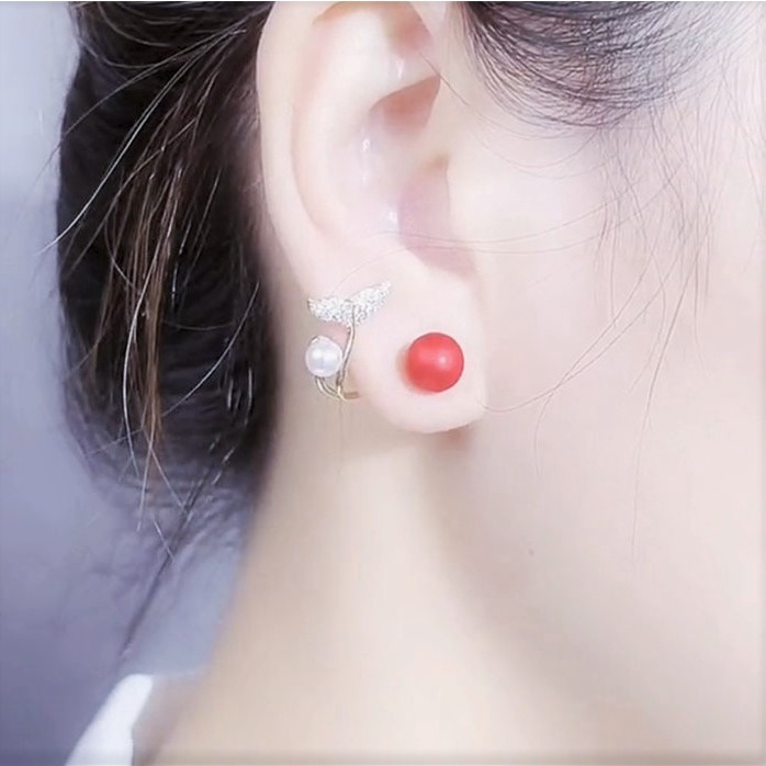 Bông tai bạc hình đuôi cá đính hạt trai nữ tính - Trang sức bạc Evsilver