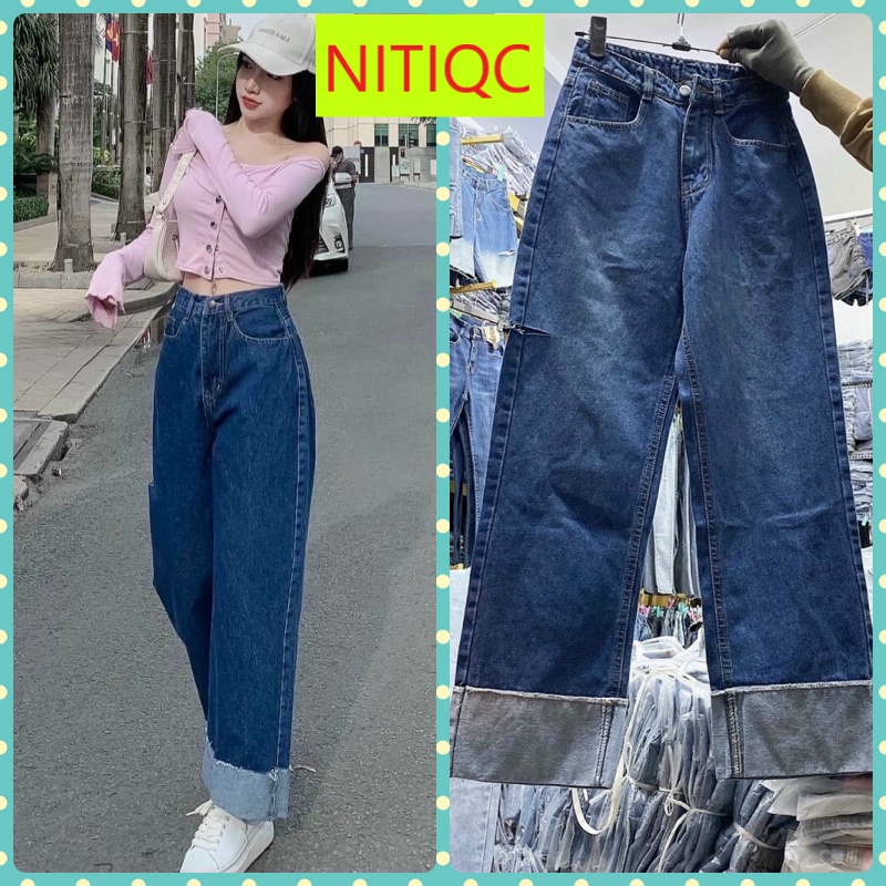 QUẦN JEANS ỐNG RỘNG NỮ LƯNG CAO GẬP GẤU MÀU XANH ĐẬM RÁCH BE PHẢI CAO MÀU XANH NHẠT XANH ĐẬM CHẤT VẢI DÀY DẶN NITIQC
