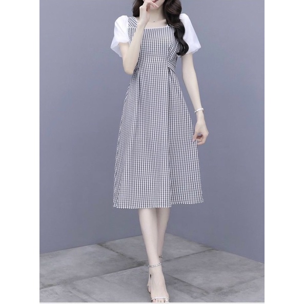 Đầm váy caro phối tay trắng thắt eo