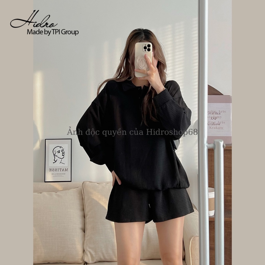 Set cotton tổ ong nữ áo dài tay cổ hai khuy mix quần short kiểu dáng năng động