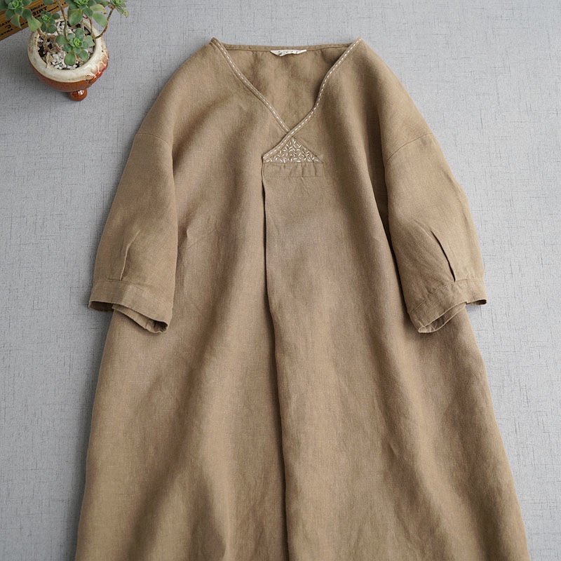 Áo Choàng Cotton Lanh Tay Ngắn Cổ Chữ V Dáng Rộng Phong Cách Nhật Bản Cho Nữ