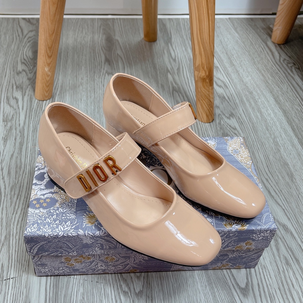 Giày gót vuông 3 phân giày da Nữ dior Da Mềm Fullbox