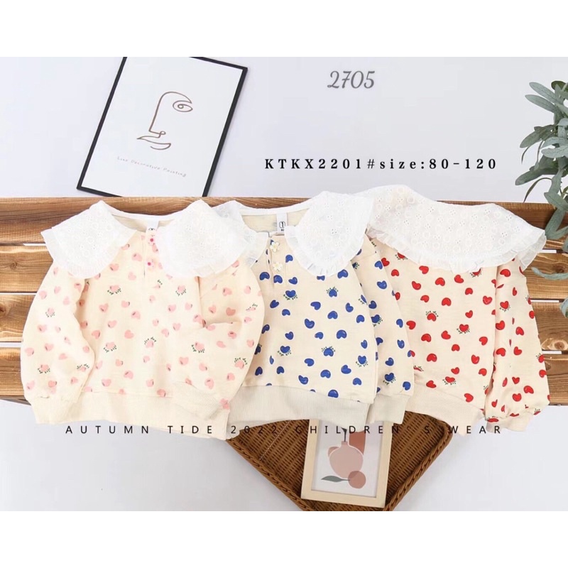 Áo nỉ thu đông họa tiết hình trái tim nhỏ chất nỉ Da Cá cực ấm cho bé từ 12Kg - 28Kg