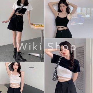 Set croptop mix áo hai dây buộc bụng freesize chất thun ôm giá siêu rẻ - Áo croptop nữ cộc tay freesize co giãn