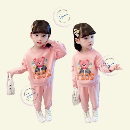 Bộ Nỉ Bông Dài Tay Dày Dặn Dành Cho Bé Gái Siêu Ấm Dễ Thương