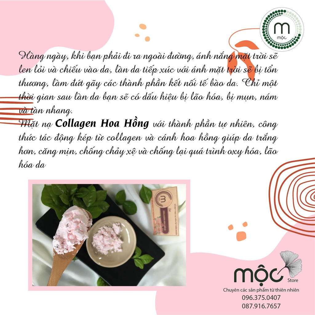 Bột Collagen Hoa Hồng đắp mặt nạ MỘC - ngăn ngừa lão hóa, làm săn chắc da, dưỡng da trắng hồng chai 100/200ml handmade