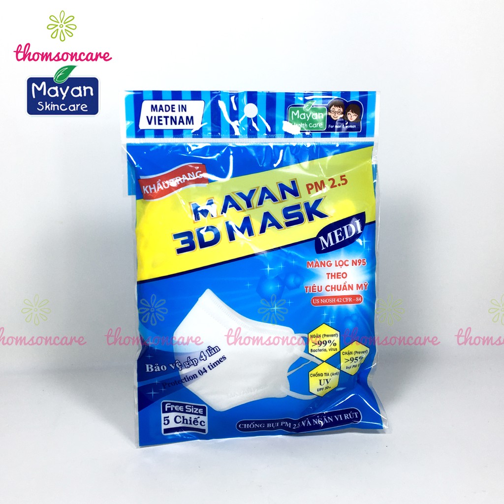 Khẩu trang Mayan 3D Mask Gói 5 chiếc cho bé và người lớn, có 4 lớp y tế kháng khuẩn