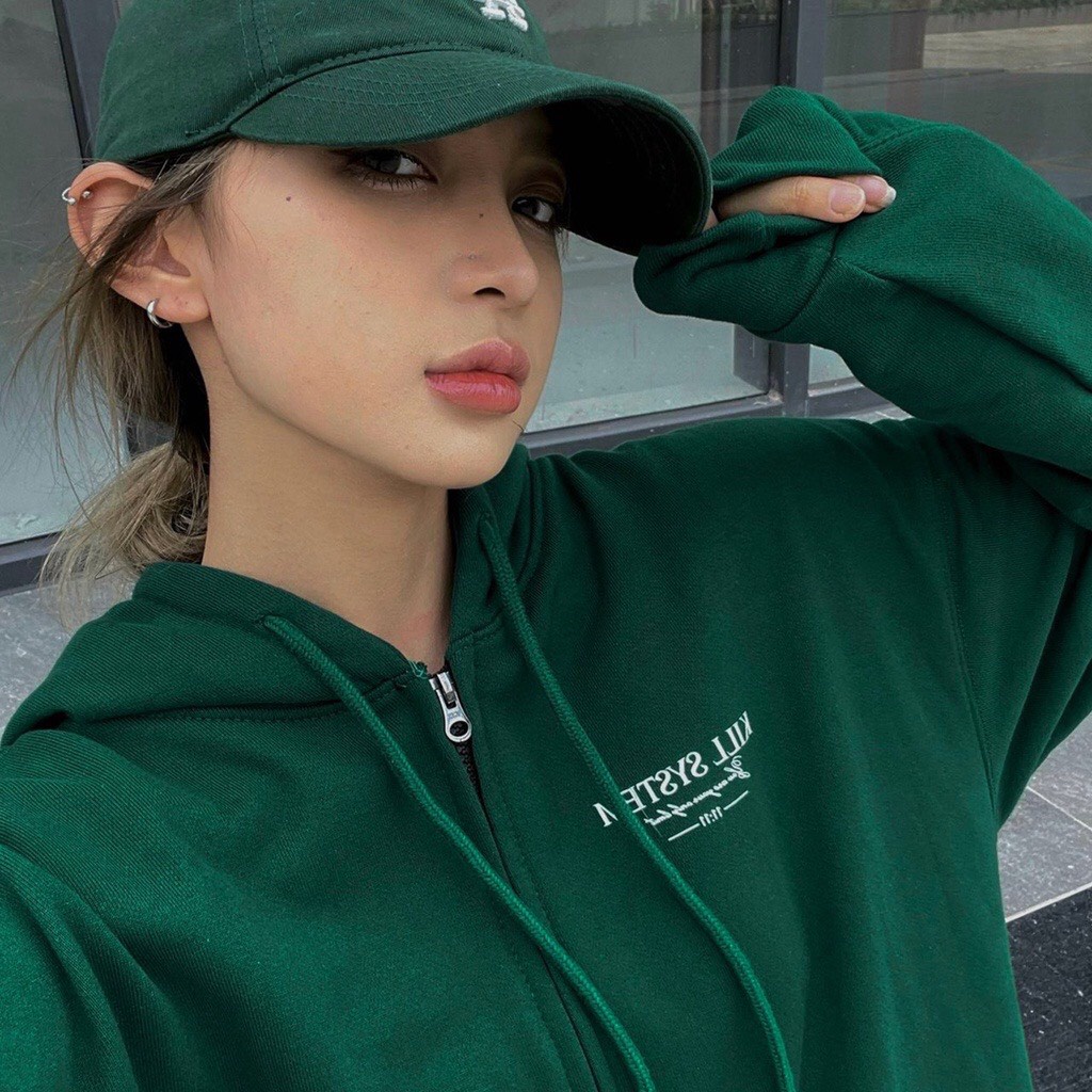 Áo Khoác Hoodie Zip KILL SYSTEM Màu Xanh Rêu Phong Cách Unisex