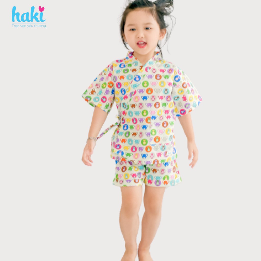 Bộ Yukata - vàng nhạt (mặt gấu) vải thô cao cấp cho bé trai bé gái Haki