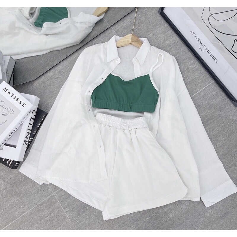 SET 3 MÓN: Sơ mi + croptop và short trắng