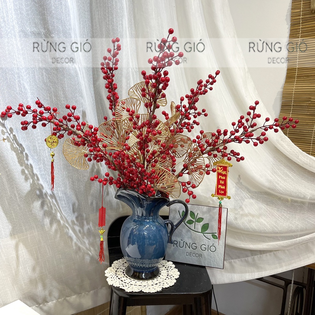 Cành đào đông đỏ 12 nhánh dài 90cm (HÀNG ĐẸP to tròn), cherry giả nhân tạo trang trí decor, giá bán cho 1 cành