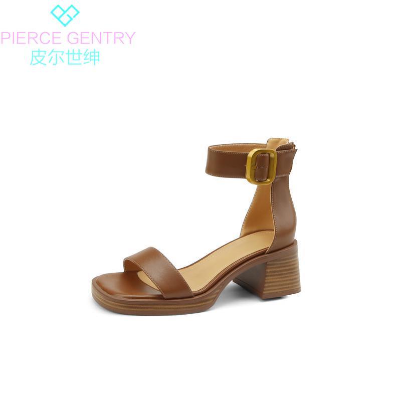 Giày Sandal Bằng Da Thật Cao Gót Hở Ngón Phong Cách Retro Mùa Hè 2022