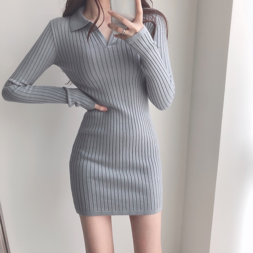 Đầm body len gân dài tay cổ polo co giãn, đầm bodycon polo phong cách sexy tôn dáng