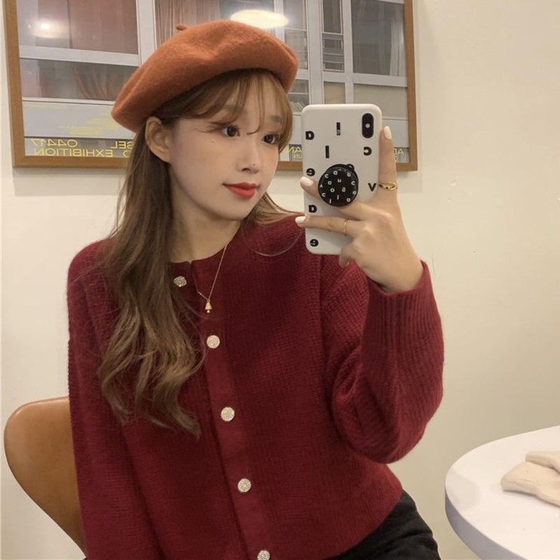 Áo Khoác Cardigan Dệt Kim Tay Dài Cổ Tròn Màu Sắc Đơn Giản Phong Cách Hàn Quốc Thời Trang Thu Đông Cho Nữ