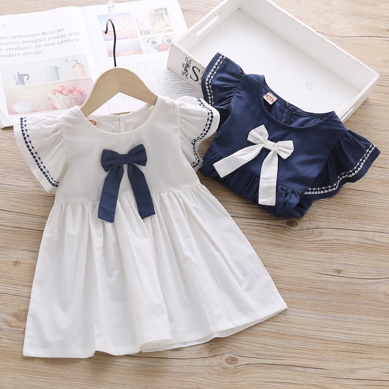 váy bé gái mùa hè hàn quốc QC-KIDS, đầm cho bé chất cotton thắt nơ 2 màu trắng tím than 8-18kg