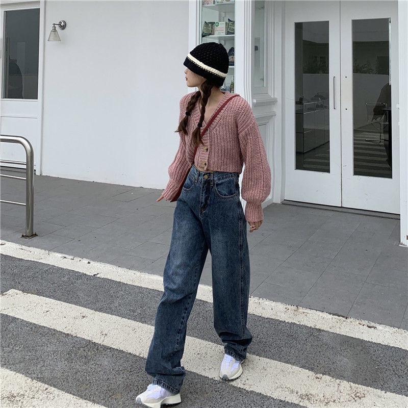 Quần Jean Dài Lưng Cao Ống Rộng Phong Cách Hàn Quốc Thời Trang Mùa Thu Cho Nữ