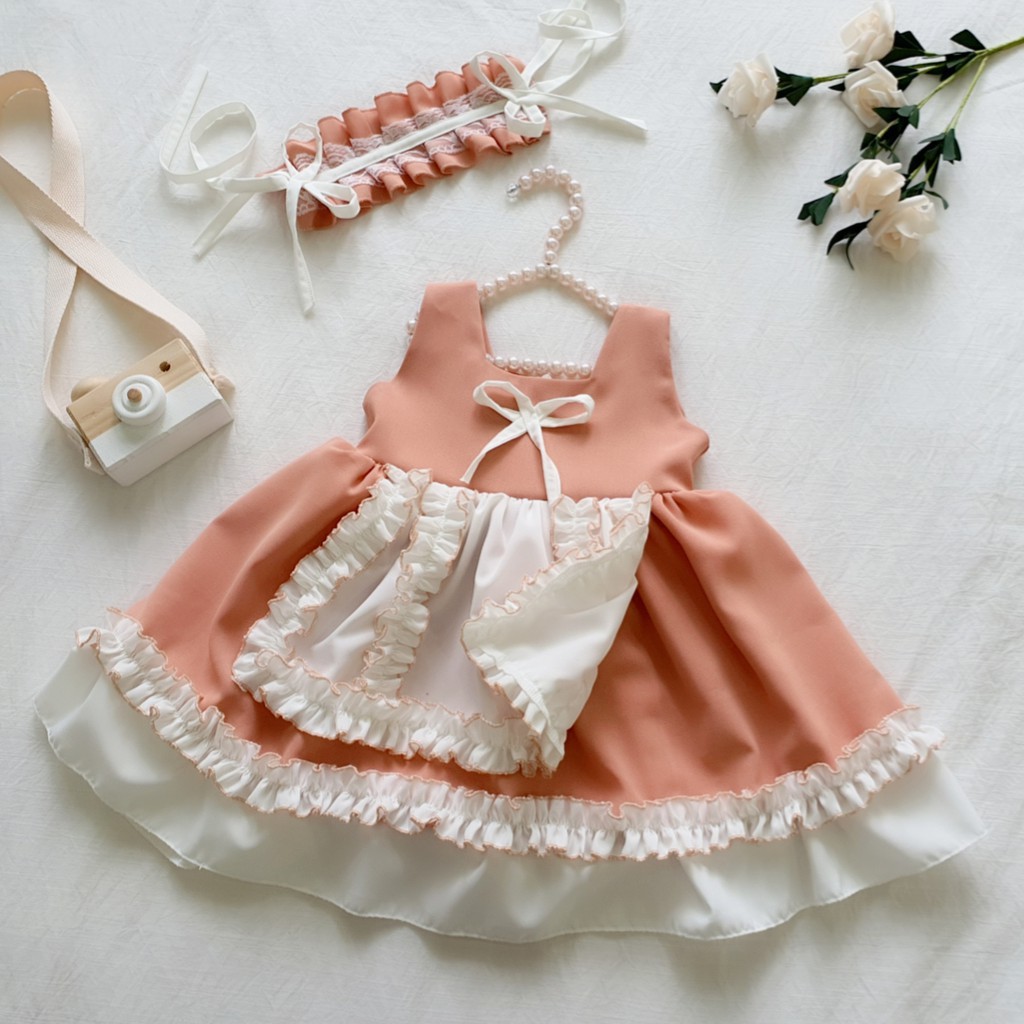 Đầm hầu gái cho bé đẹp❤️ FREESHIP ❤️ Váy trẻ em dáng dolly hồng nude chất đũi cotton size 5kg - 18kg