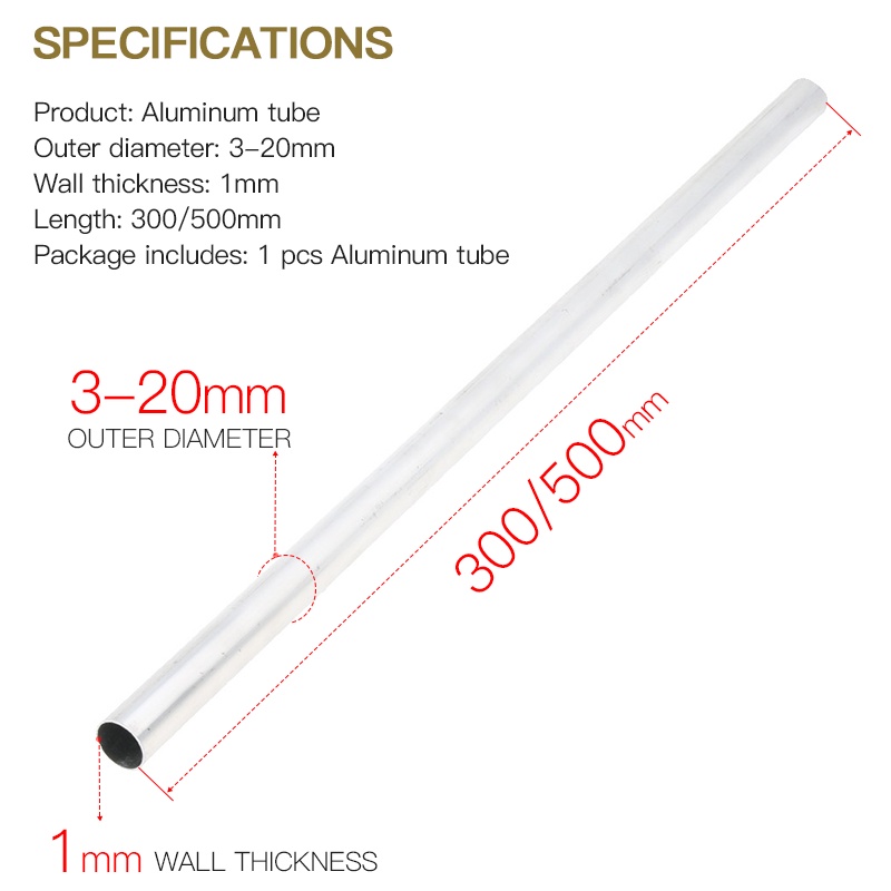Ống Hợp Kim Nhôm 8mm Đường Kính Ngoài 1mm Dày 300mm 500mm Dài 6063 3 4 5 6 7 8 9 10 11 12 13 14 15 16 17 18 19 20mm