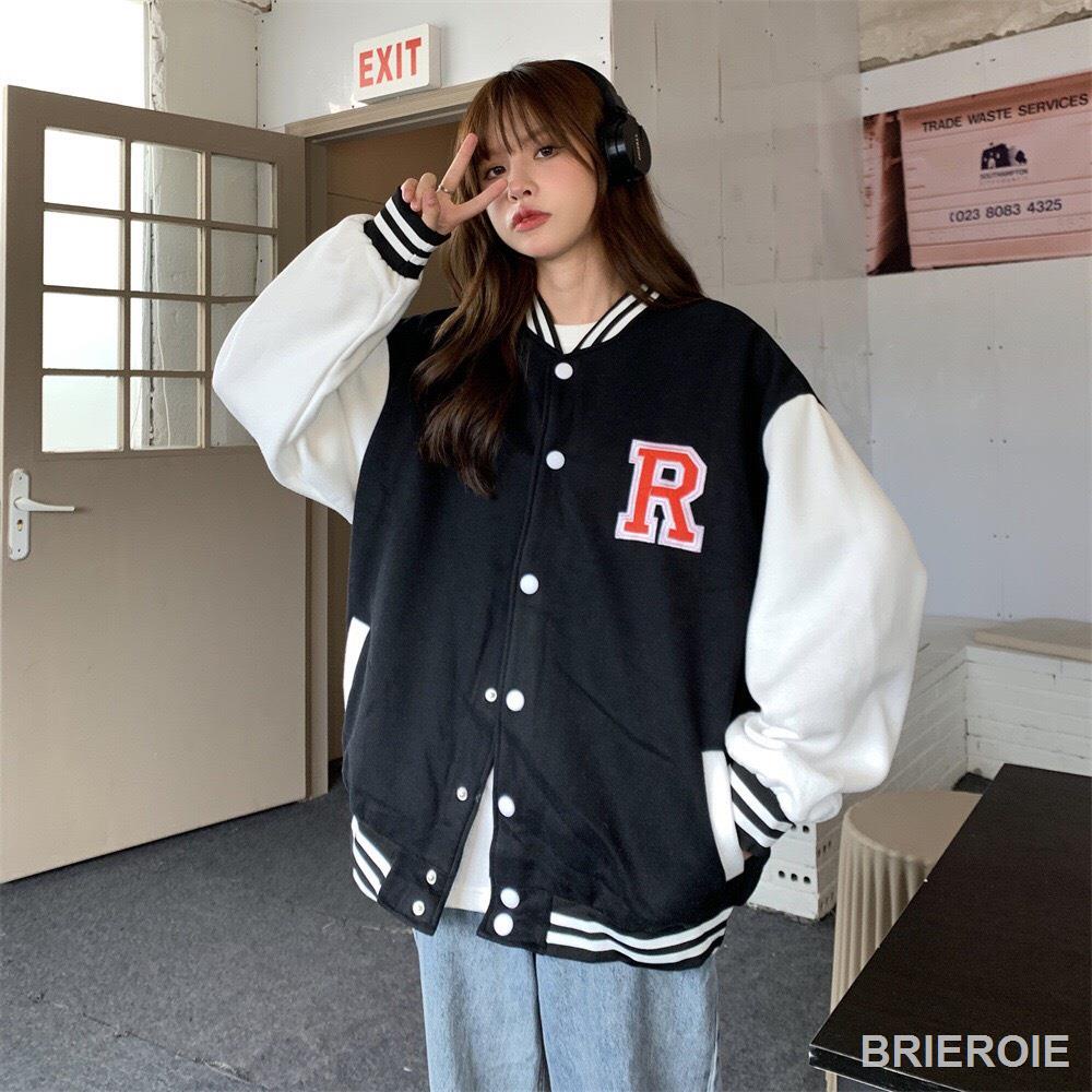 ﹊Áo bomber nam nữ phối tay họa tiết chữ R phom rộng unisex | BigBuy360 - bigbuy360.vn