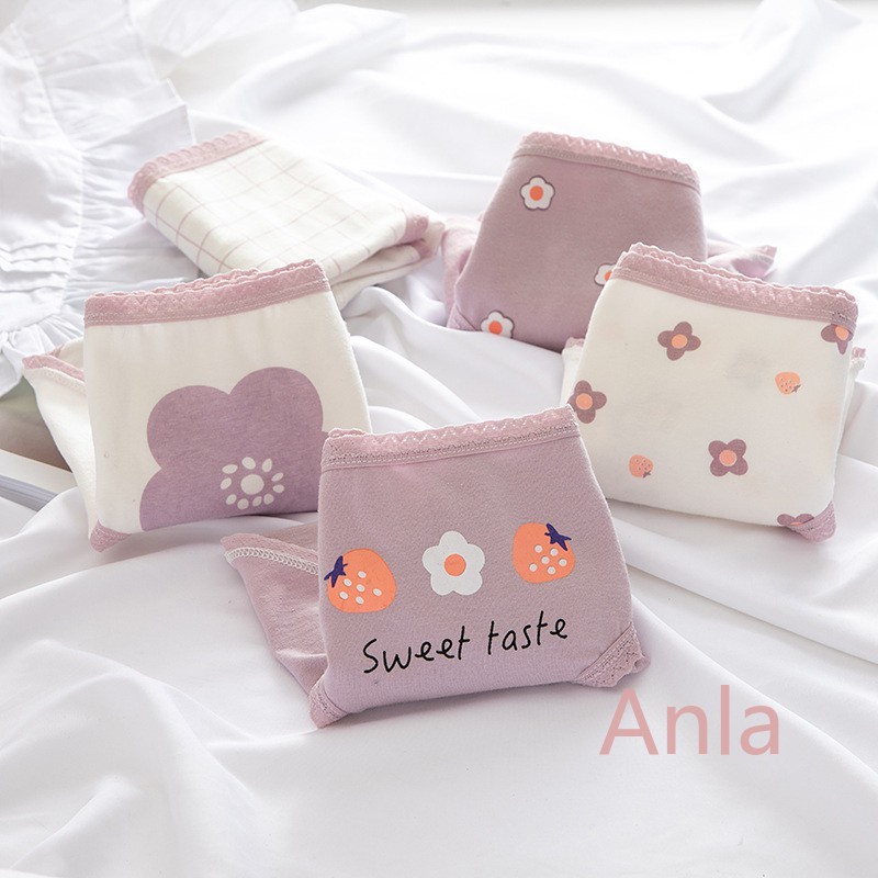 Anla Bra Cotton Tím Trái Cây Nhật Bản Quần Lót Cotton Lưng Vừa Thoáng Khí Thoải Mái In Hình Trái Dâu Dễ Thương Cho Nữ Sinh