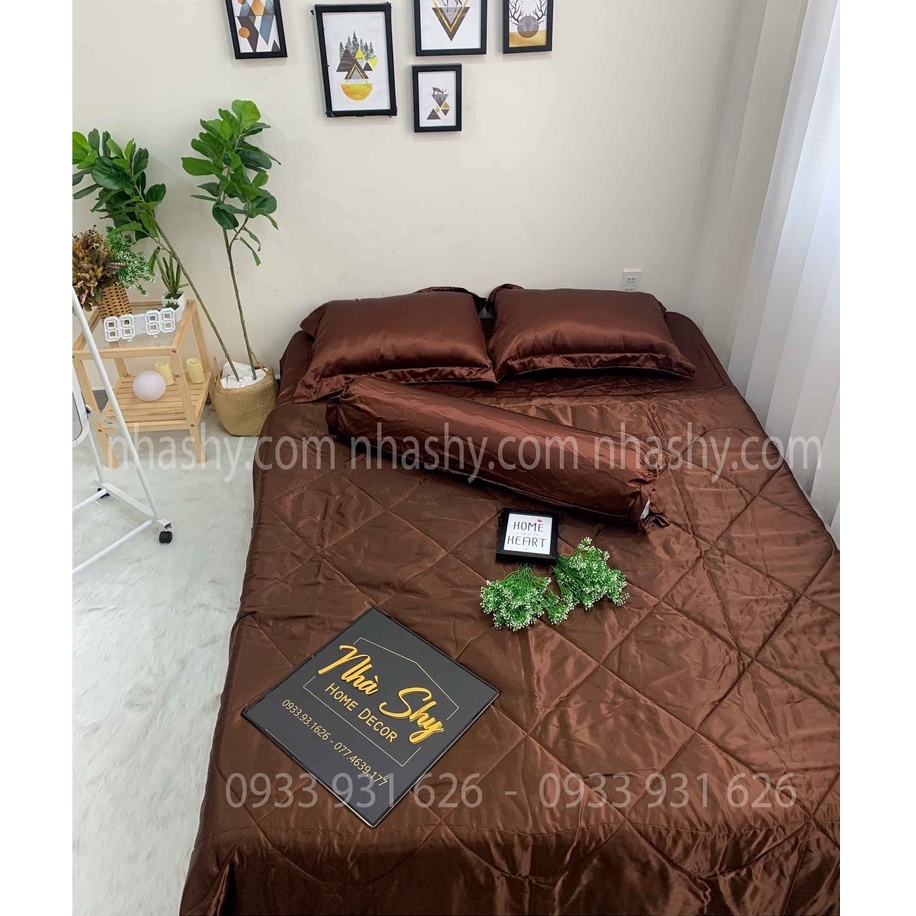 TRỌN BỘ DRAP GIƯỜNG PHI LỤA BÓNG CAO CẤP - MÀU NÂU ĐẬM - MÃ 07