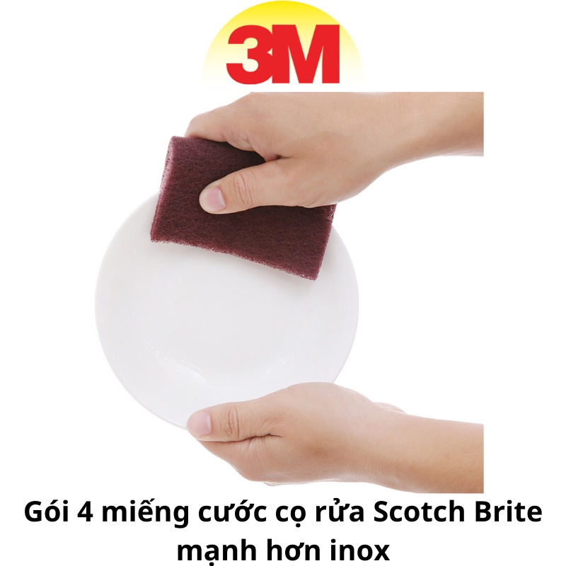 Cước cọ rửa 3M 7447 Scotch Brite mạnh hơn inox, chữ nhật 10x15cm, 1 Gói 4 miếng 30g HIBUSHOP