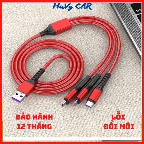 Dây cáp sạc nhanh 3 đầu iphone android, dây sạc iphone samsung vivo oppo bọc dù chống gẫy gập