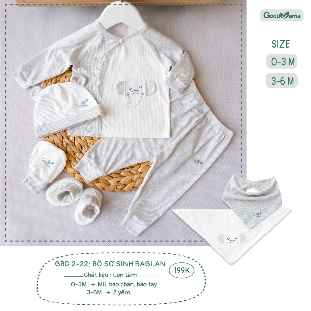 [CHÍNH HÃNG] Set bộ sơ sinh dài tay cài chéo len tăm kèm phụ kiện thu đông Good Mama