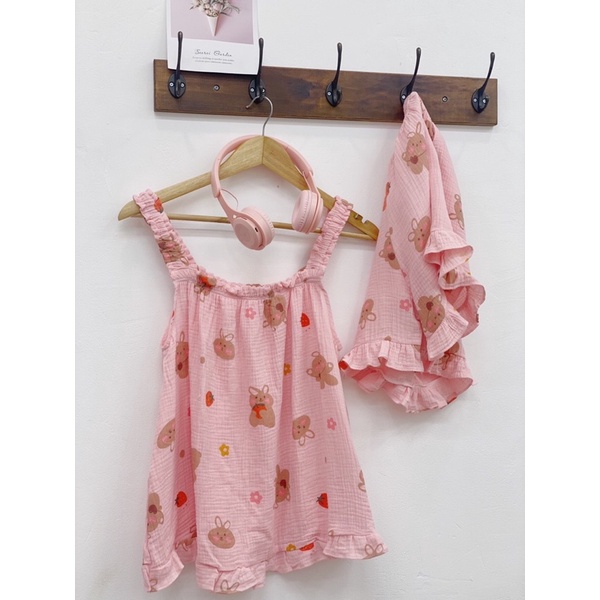 Bộ pijama hai dây va xô muslin hoạ tiết dễ thương cute đồ ngủ cho các nàng